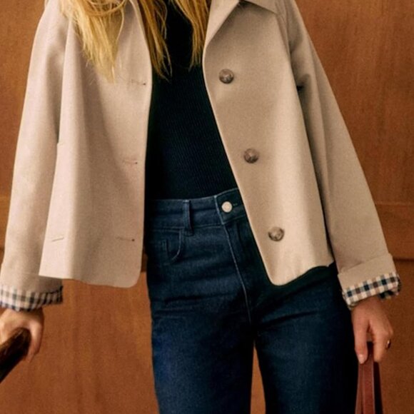 Women Oversize Trench Coat Plaid Lining Lapel Button Down Casual Crop Jacket Out - Picture 2 of 5